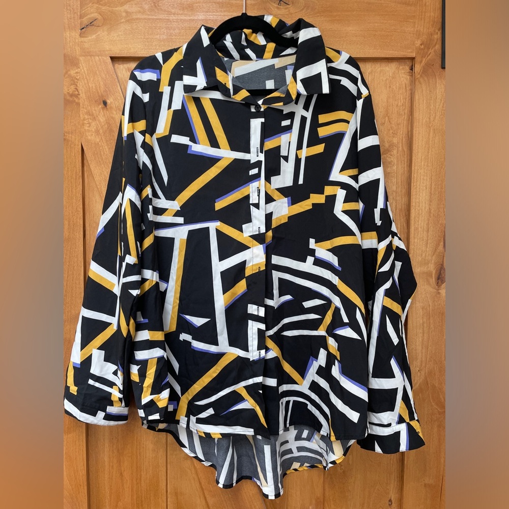 Abstract print button up shirt in black and yellow!